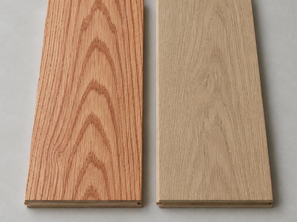 Red oak and white oak hardwood flooring samples side by side, showing their grain and natural color differences