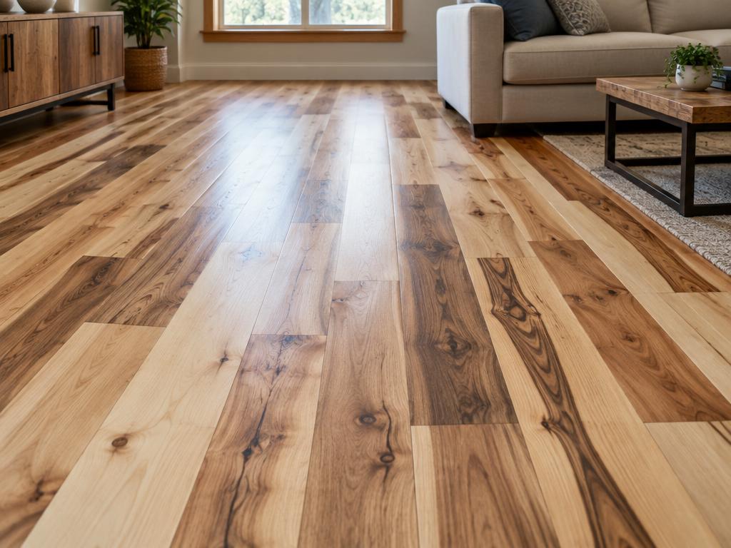 Hickory planks showing dramatic contrast between pale cream sections and medium to dark brown areas with prominent grain.