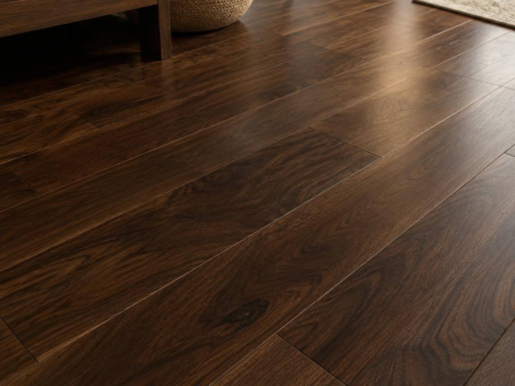 Walnut planks with rich dark brown color and elegant fine grain in a warm, softly lit interior.