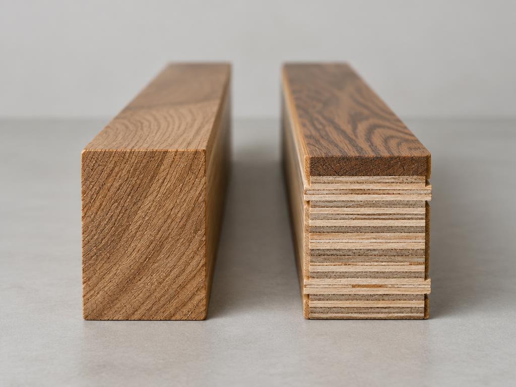 A solid wood plank beside an engineered plank showing a real wood wear layer over a multi-layer core.