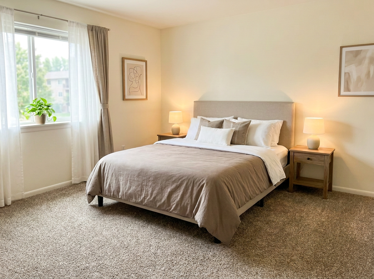 Molly Brownish rental grade carpet in a furnished room